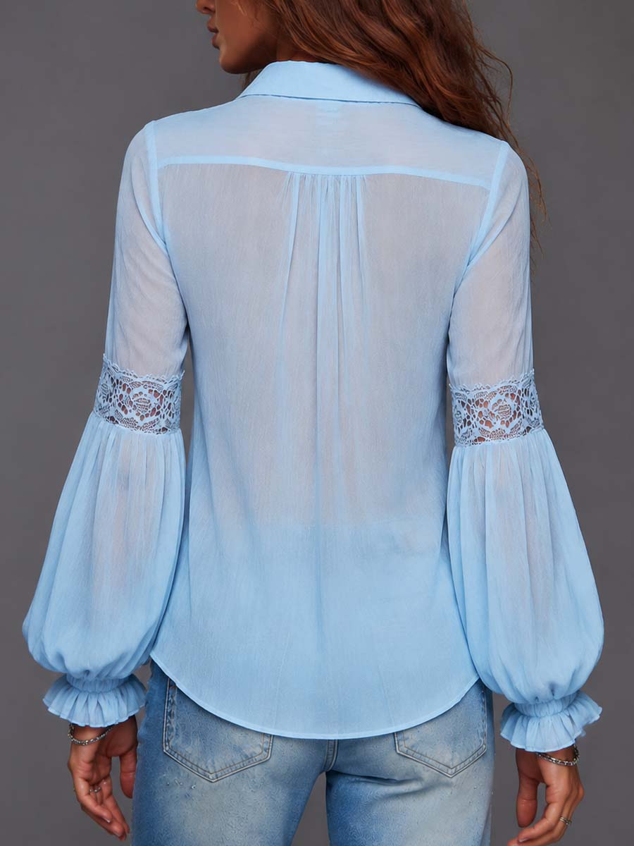 Camisa Boho Transparente con Ribete de Encaje y Mangas Abullonadas