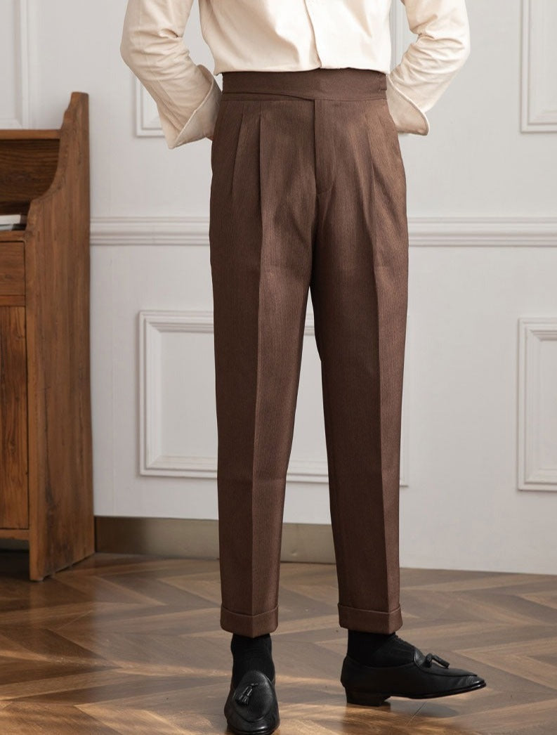Pantalón "Moneglia" Acanalado con Pliegue, Corte Recto