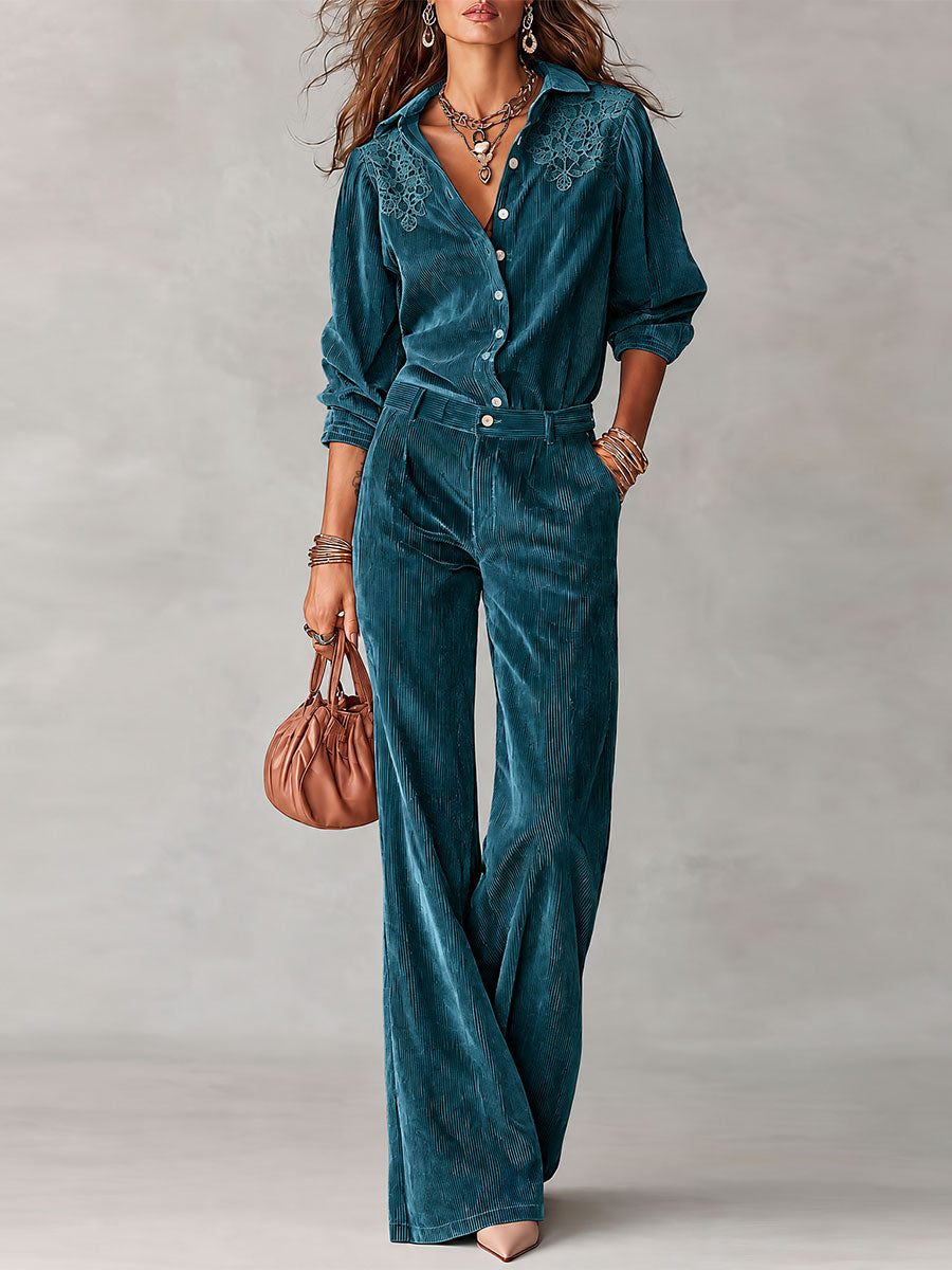 Conjunto Boho de Camisa de Pana con Encaje y Pantalón de Pierna Ancha