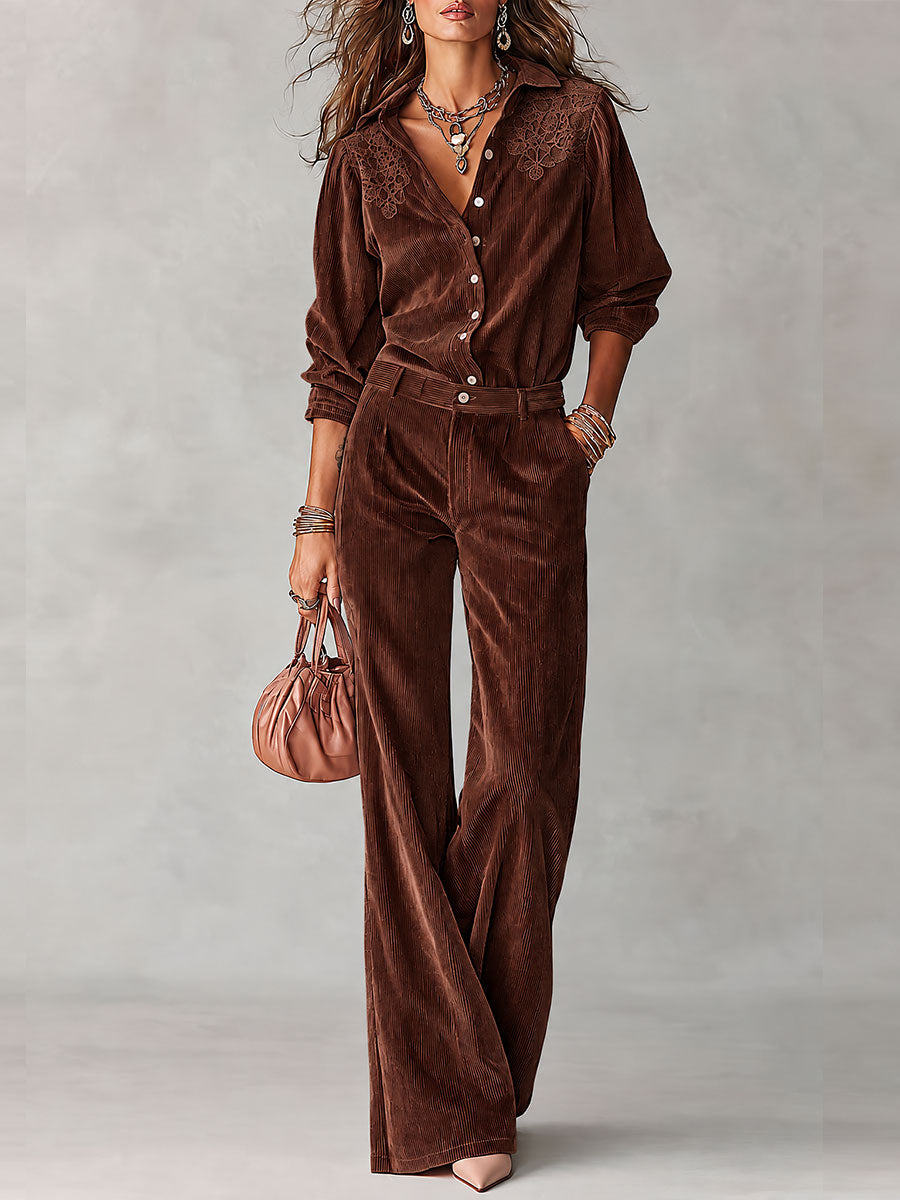 Conjunto Boho de Camisa de Pana con Encaje y Pantalón de Pierna Ancha