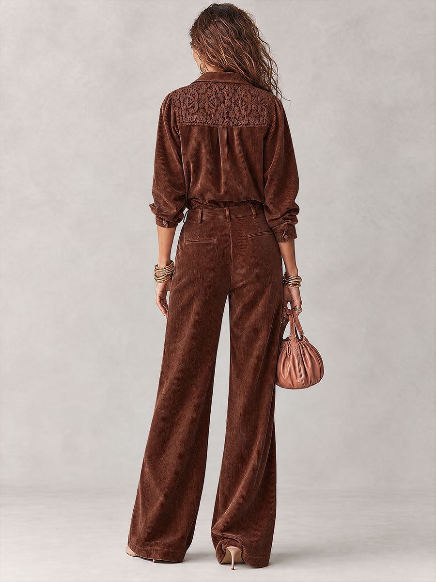 Conjunto Boho de Camisa de Pana con Ribete de Encaje y Pantalón de Pierna Ancha
