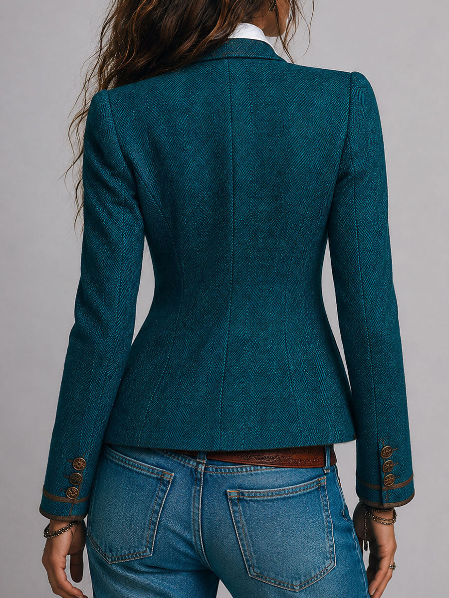 Blazer Entallado Retro de Tweed Espiga con Ribete en Contraste