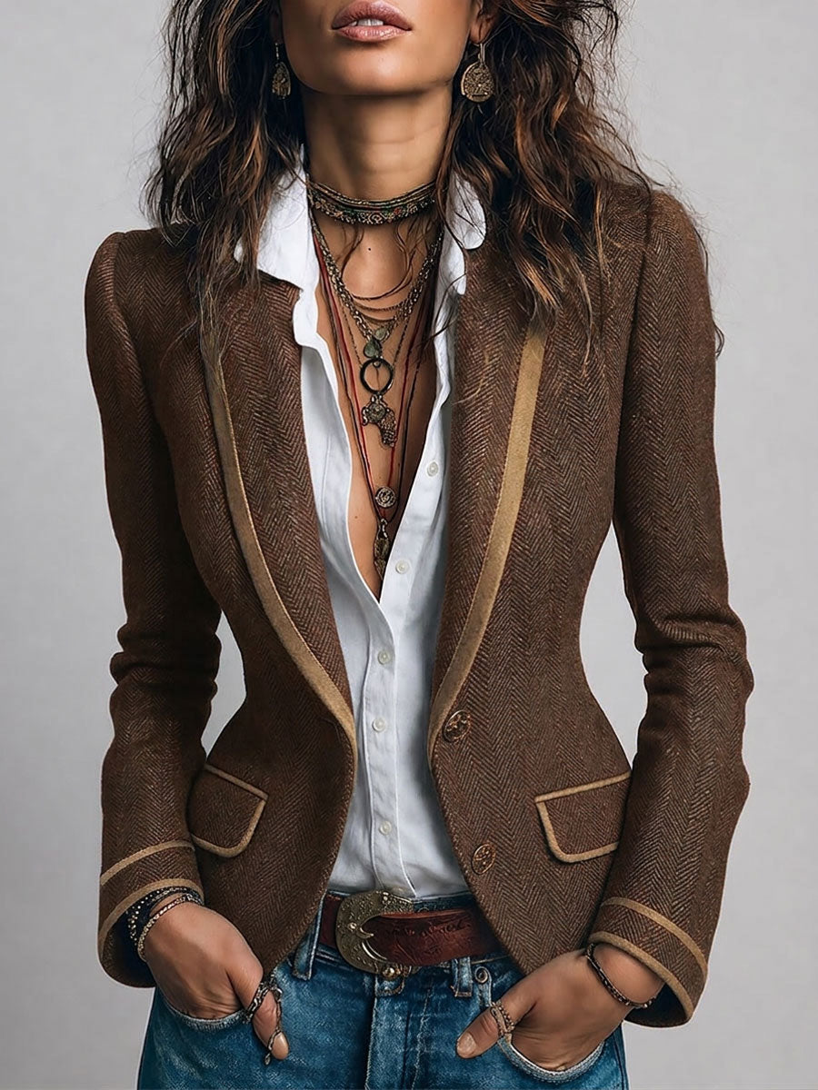 Blazer Entallado Retro de Tweed Espiga con Ribete en Contraste