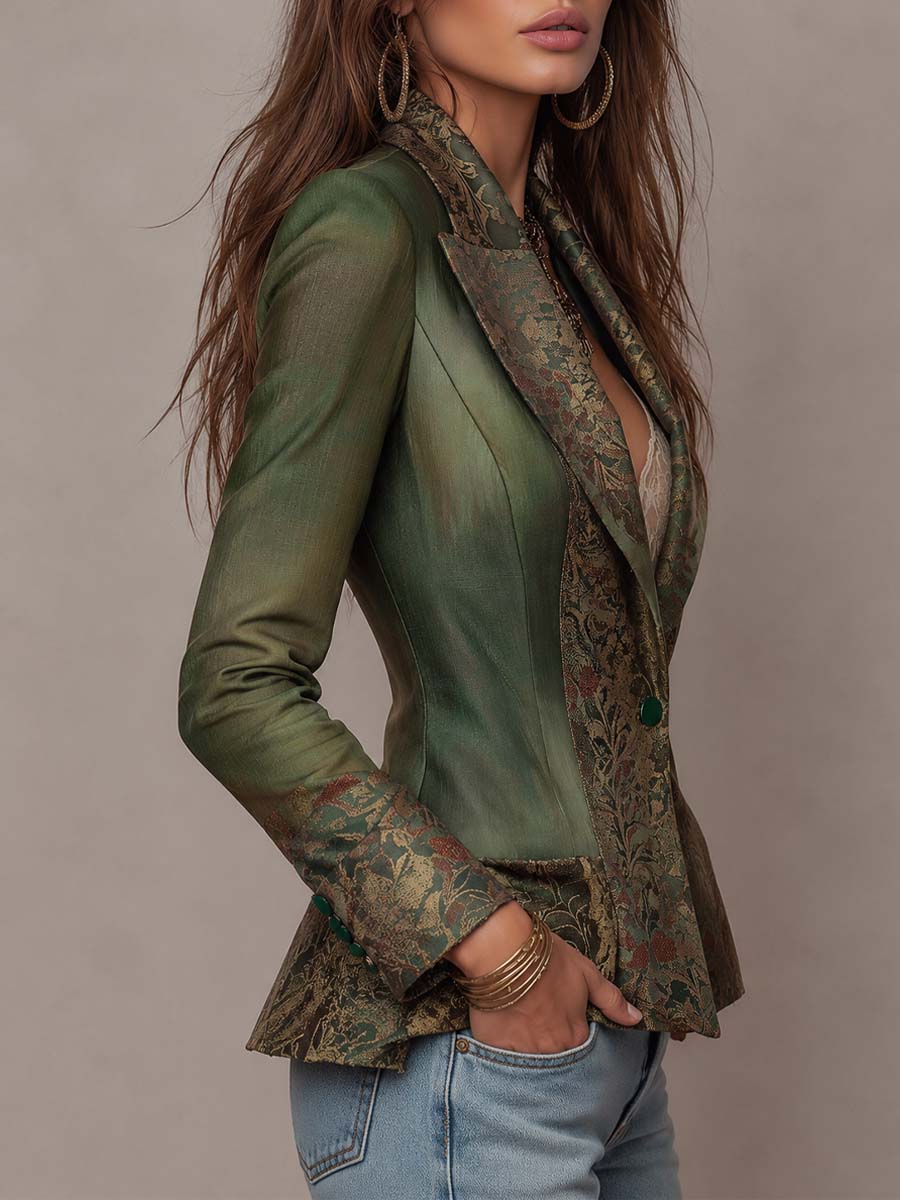 Blazer Entallado Verde Olivo Vintage con Solapas y Puños en Contraste de Tapiz Floral y un Botón