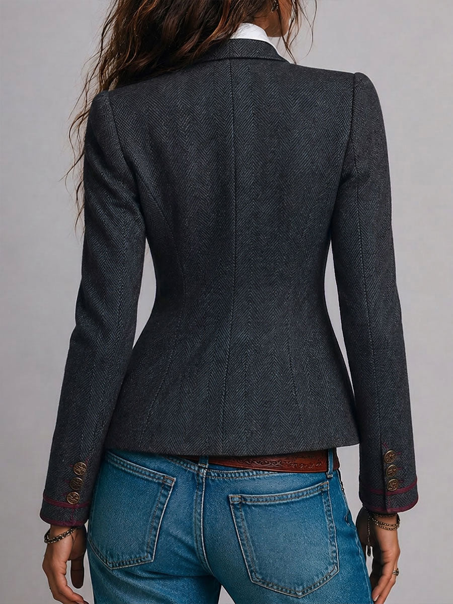 Blazer Entallado Retro de Tweed Espiga con Ribete en Contraste