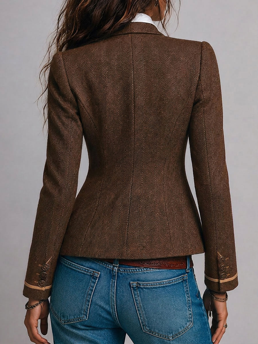 Blazer Entallado Retro de Tweed Espiga con Ribete en Contraste