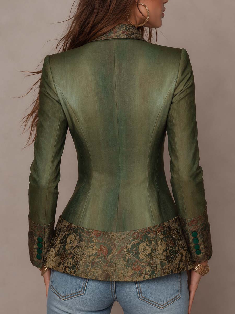 Blazer Entallado Verde Olivo Vintage con Solapas y Puños en Contraste de Tapiz Floral y un Botón