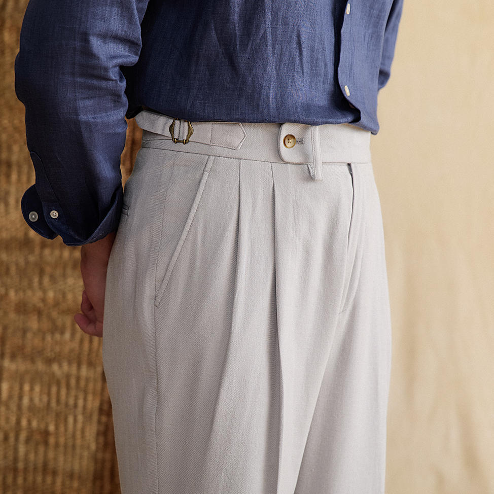 Pantalón "Monaco" de Lino con Doble Pliegue, Corte Recto