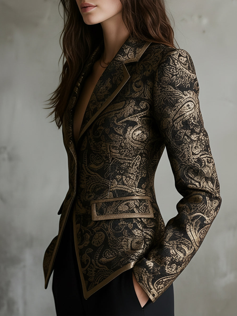Saco Entallado Quiet Luxury de Jacquard Paisley con Solapas Envolventes