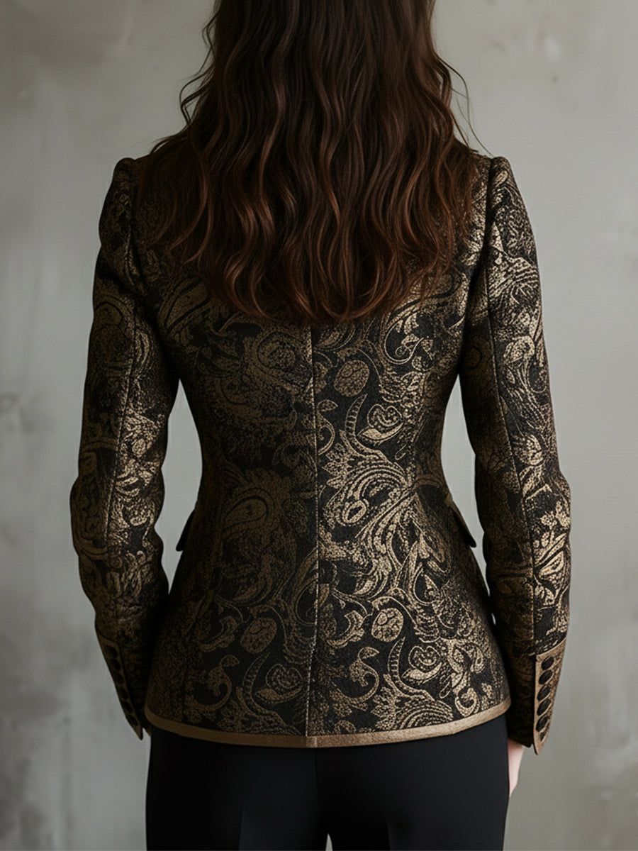 Saco Entallado Quiet Luxury de Jacquard Paisley con Solapas Envolventes