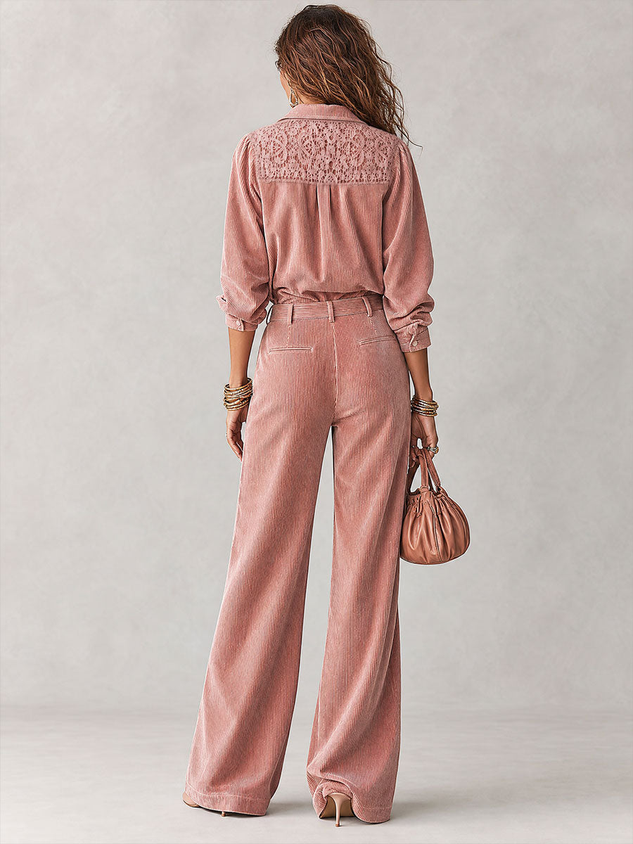 Conjunto Boho de Camisa de Pana con Ribete de Encaje y Pantalón de Pierna Ancha