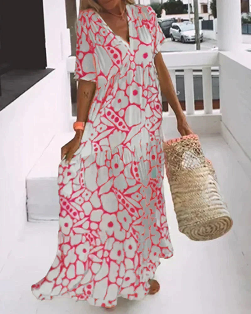 CHRISTINE | Vestido Largo de Verano de Corte Fluido con Elegante Estampado Gráfico