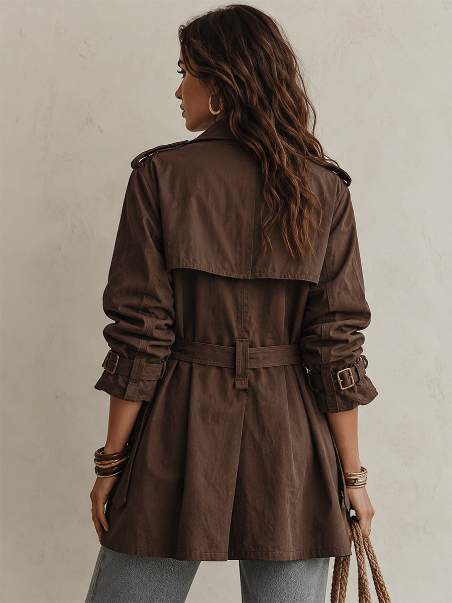 Gabardina Cruzada Utility Chic de Sarga de Algodón con Cinturón Color Café Chocolate