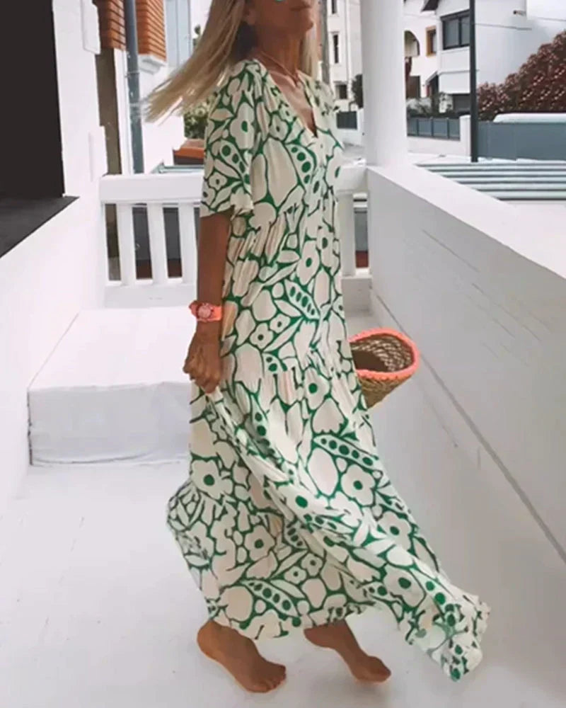CHRISTINE | Vestido Largo de Verano de Corte Fluido con Elegante Estampado Gráfico