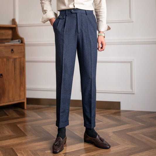 Pantalón de Vestir "Winchester" de Mezcla de Lana con Estampado Espiga