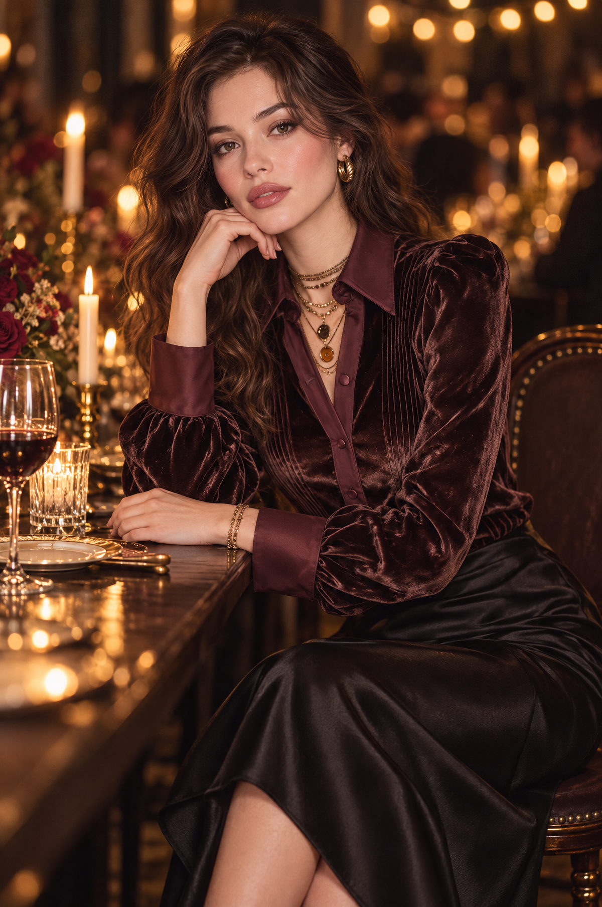 Blusa Elegante de Manga Larga con Paneles de Terciopelo y Alforzas