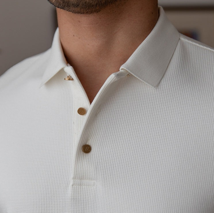 Playera Polo de Manga Larga Tejida, Mezcla de Algodón Texturizada