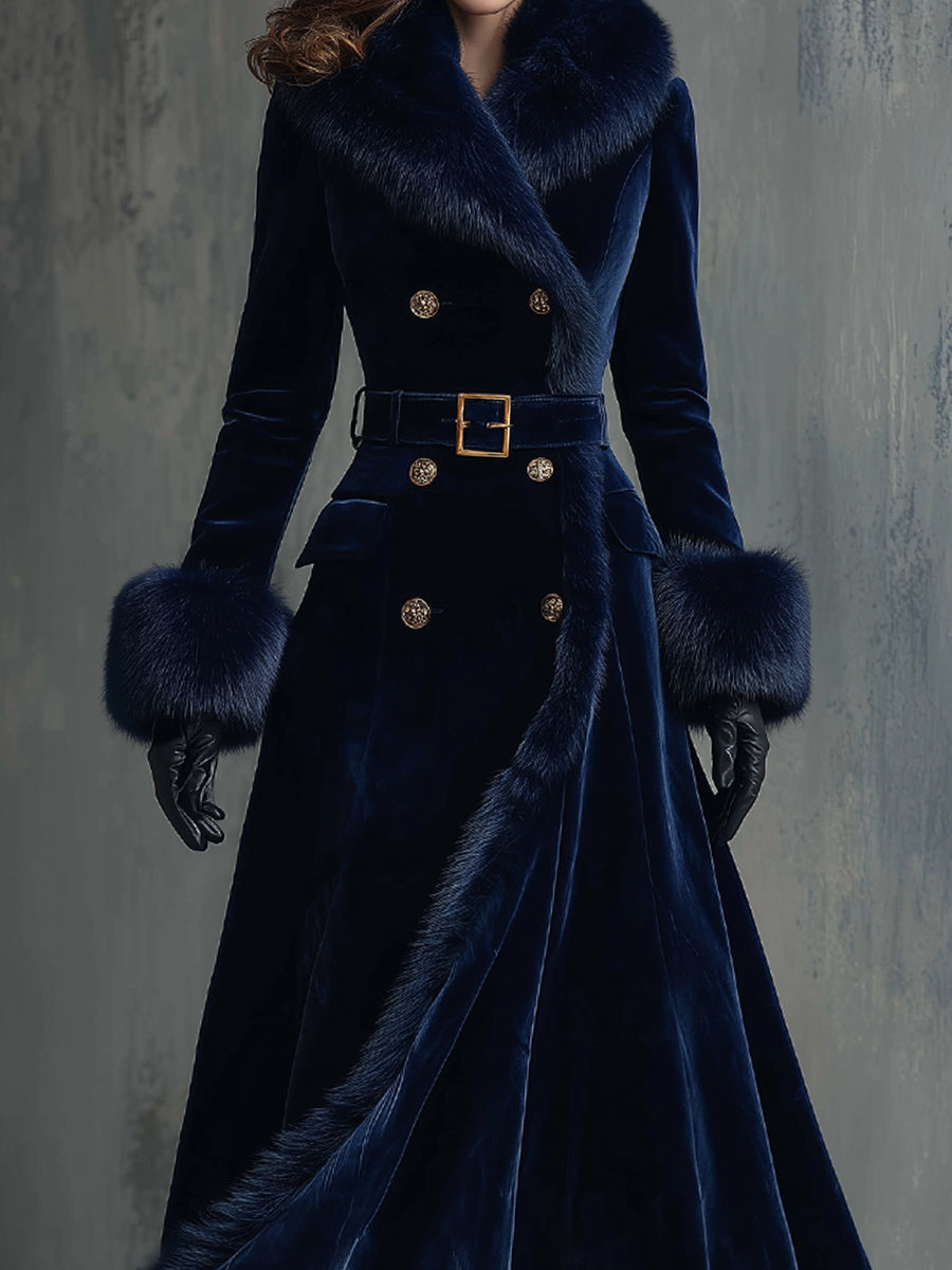 Abrigo Midi Elegante de Terciopelo con Cuello de Piel Sintética