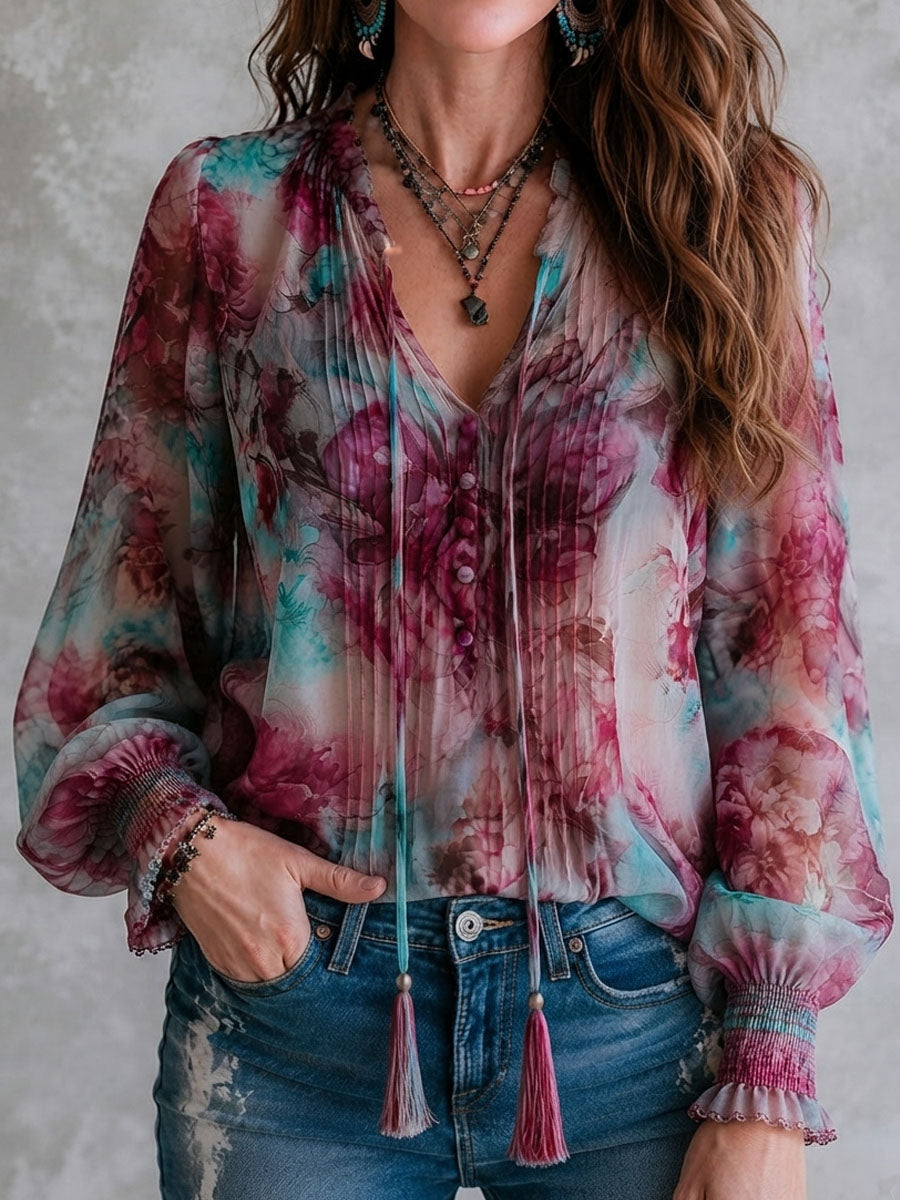 Blusa Boho de Manga Larga con Estampado Floral, Lazo con Borlas y Puños Fruncidos