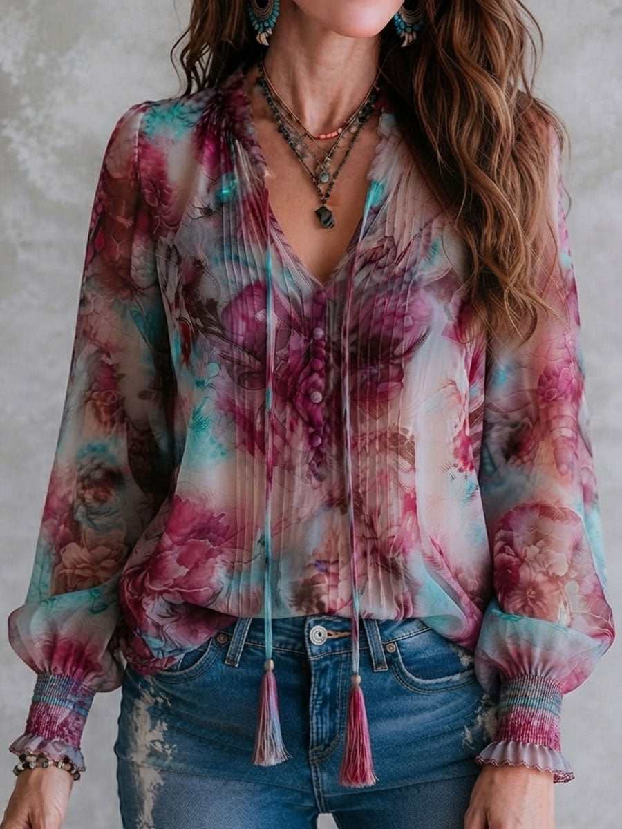 Blusa Boho de Manga Larga con Estampado Floral, Lazo con Borlas y Puños Fruncidos