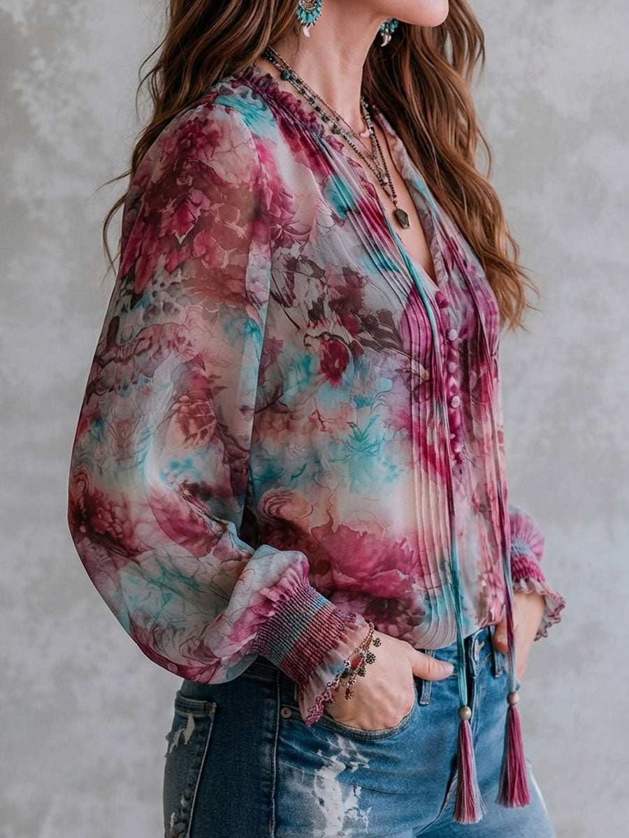 Blusa Boho de Manga Larga con Estampado Floral, Lazo con Borlas y Puños Fruncidos