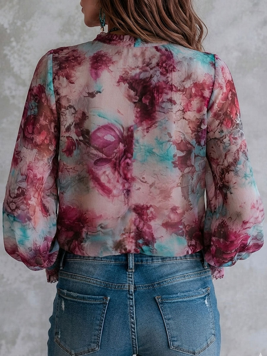 Blusa Boho de Manga Larga con Estampado Floral, Lazo con Borlas y Puños Fruncidos