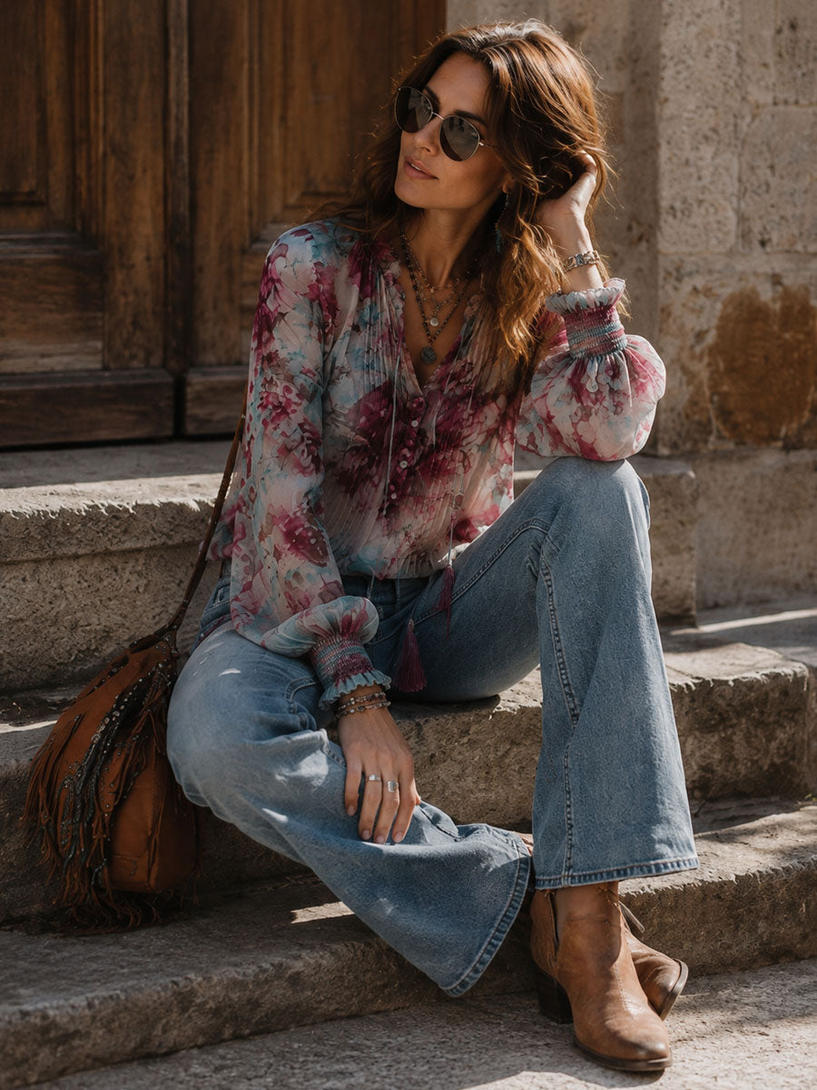 Blusa Boho de Manga Larga con Estampado Floral, Lazo con Borlas y Puños Fruncidos