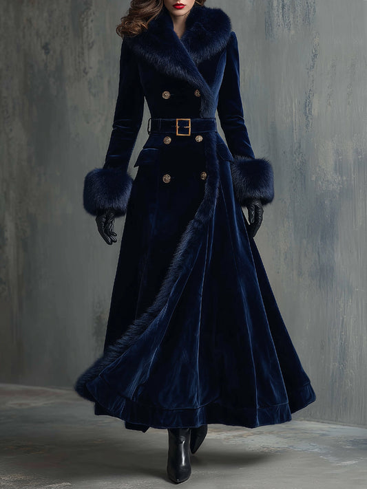 Abrigo Midi Elegante de Terciopelo con Cuello de Piel Sintética