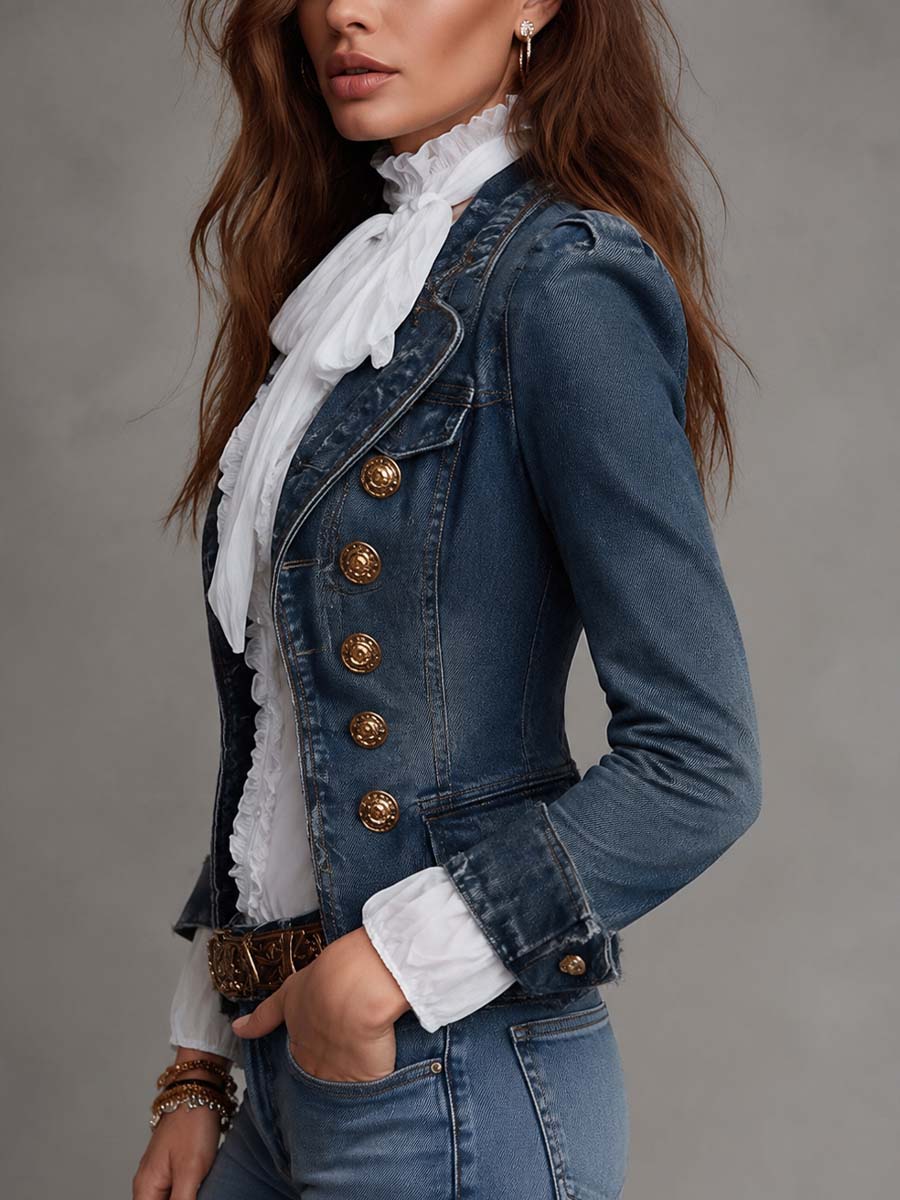 Blazer Corto de Mezclilla Vintage Estilo Vaquero, Cruzado, con Botones Dorados y Dobladillo Deshilachado