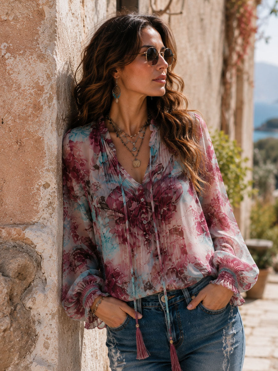 Blusa Boho de Manga Larga con Estampado Floral, Lazo con Borlas y Puños Fruncidos