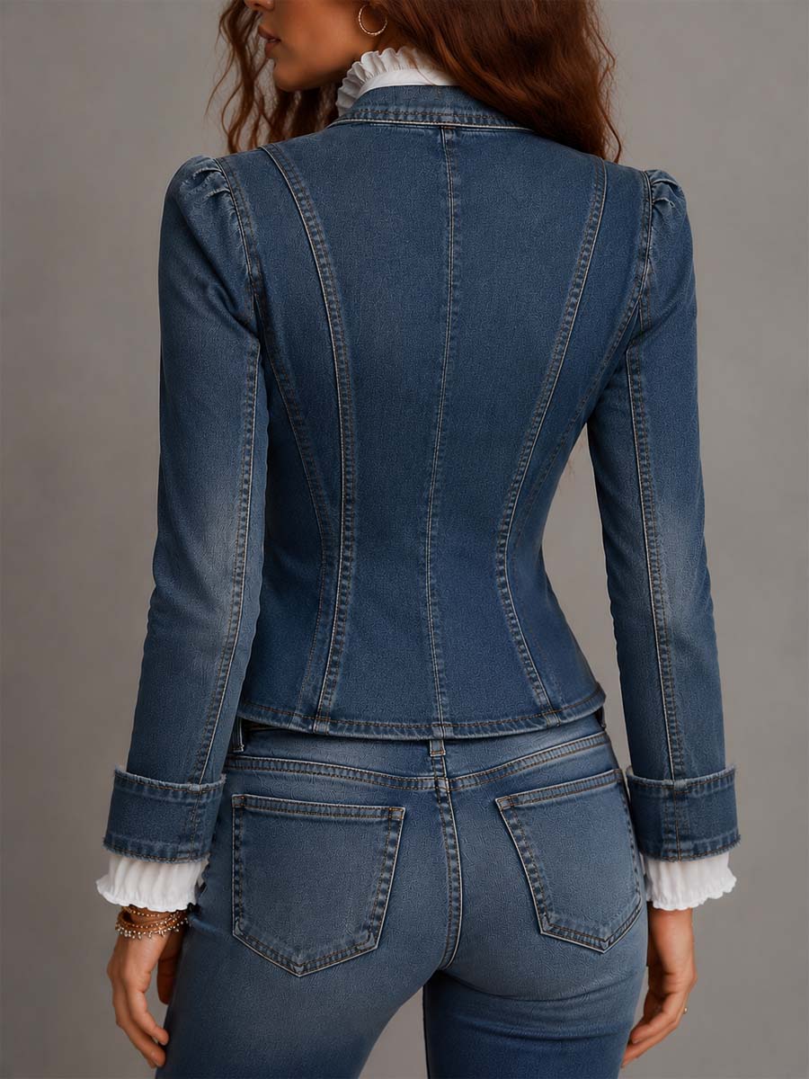 Blazer Corto de Mezclilla Vintage Estilo Vaquero, Cruzado, con Botones Dorados y Dobladillo Deshilachado