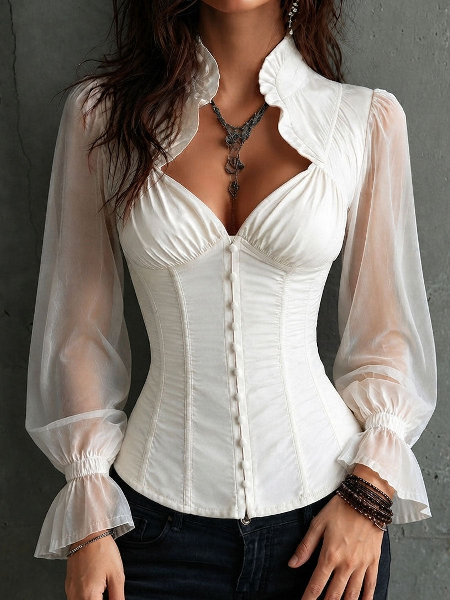 Blusa Corsé Blanca Retro Romántica con Mangas Transparentes y Cuello con Olanes