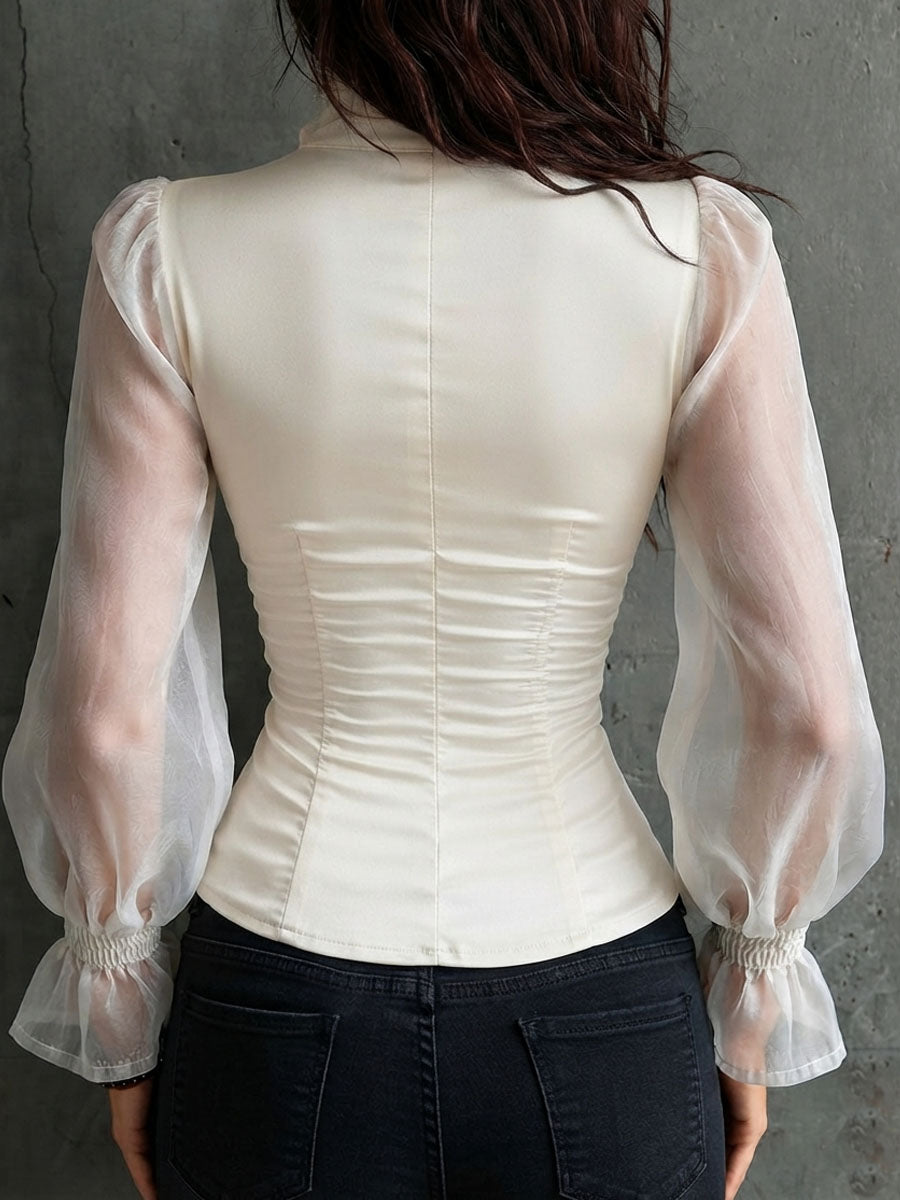 Blusa Corsé Blanca Retro Romántica con Mangas Transparentes y Cuello con Olanes