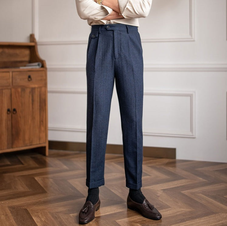 Pantalón de Vestir "Winchester" de Mezcla de Lana con Estampado Espiga