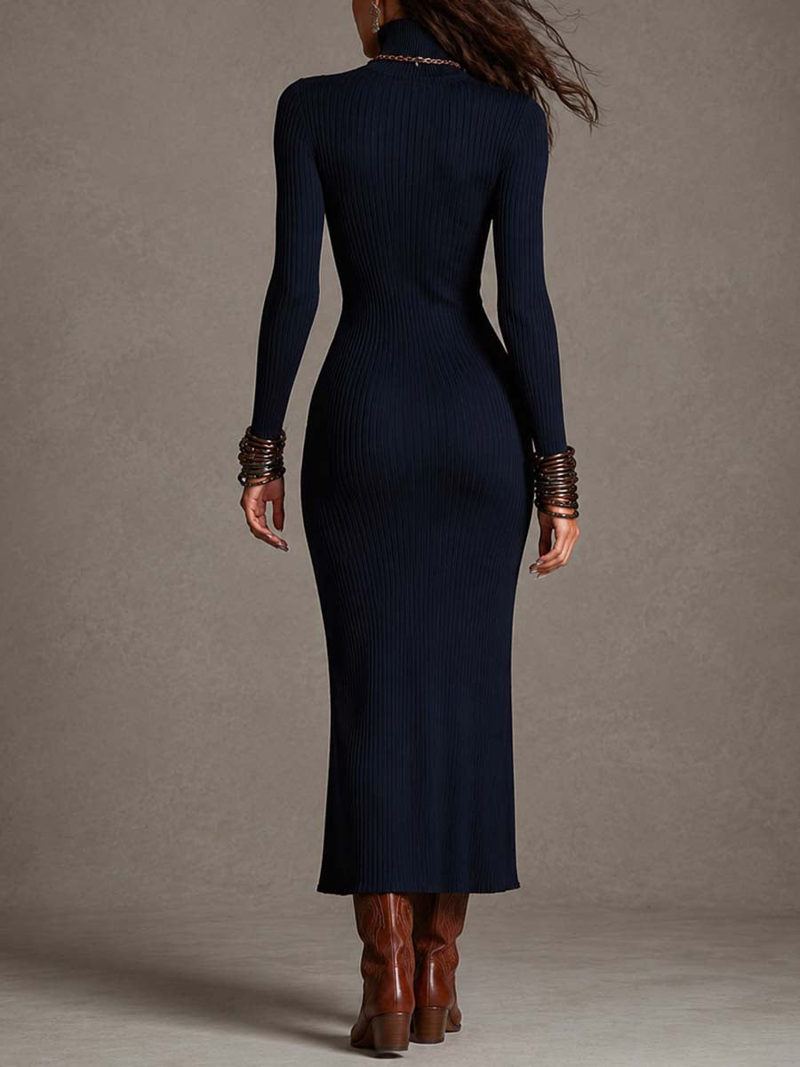 Vestido Midi Bodycon de Punto Acanalado Vertical Azul Marino, Cuello Alto, Abertura Frontal, Cierre Lateral y Abertura