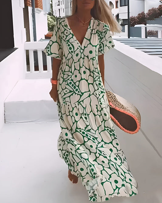 CHRISTINE | Vestido Largo de Verano de Corte Fluido con Elegante Estampado Gráfico