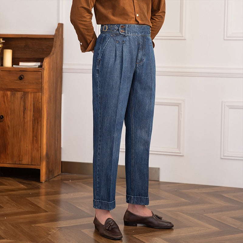 Pantalón de Mezclilla "Lorenzo" Vintage con Pliegue, Corte Recto