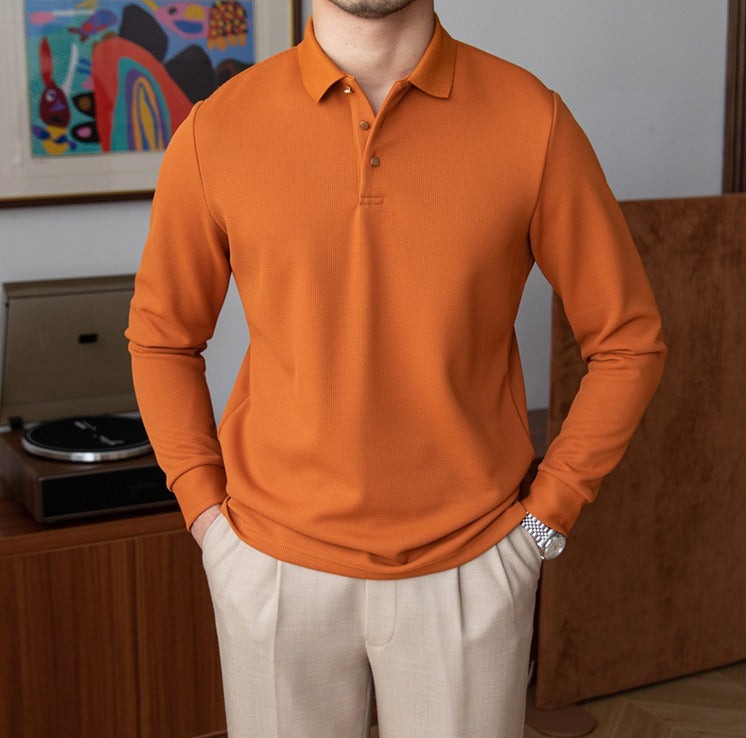 Playera Polo de Manga Larga Tejida, Mezcla de Algodón Texturizada