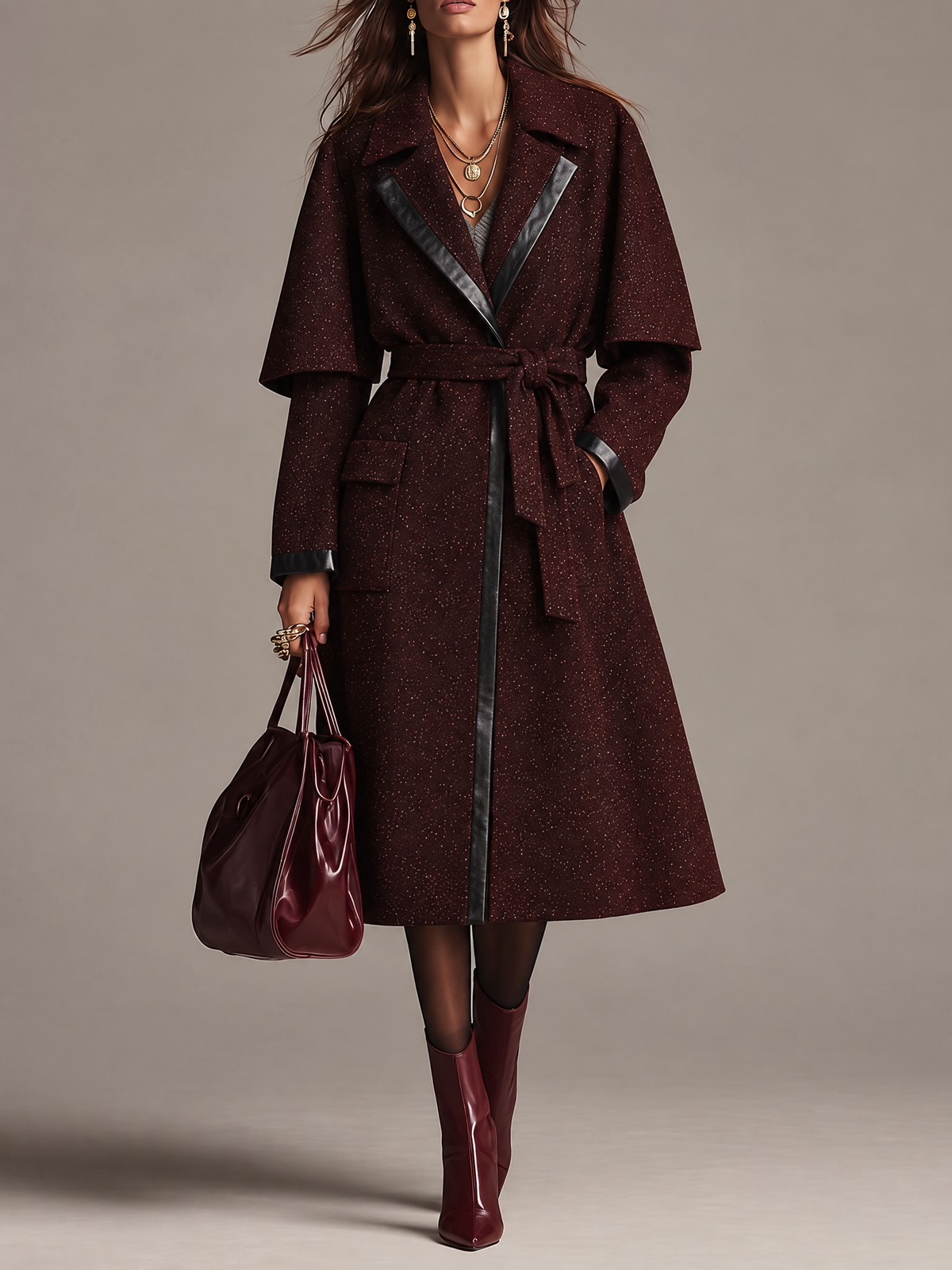 Gabardina Elegante Mezcla de Lana con Ribete de Piel Sintética