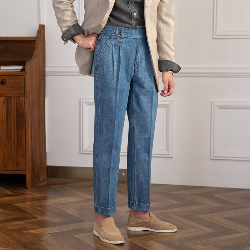 Pantalón de Mezclilla "Lorenzo" Vintage con Pliegue, Corte Recto