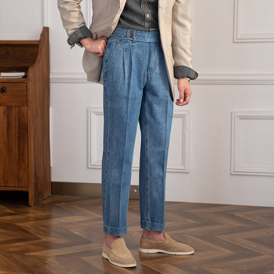 Pantalón de Mezclilla "Lorenzo" Vintage con Pliegue, Corte Recto
