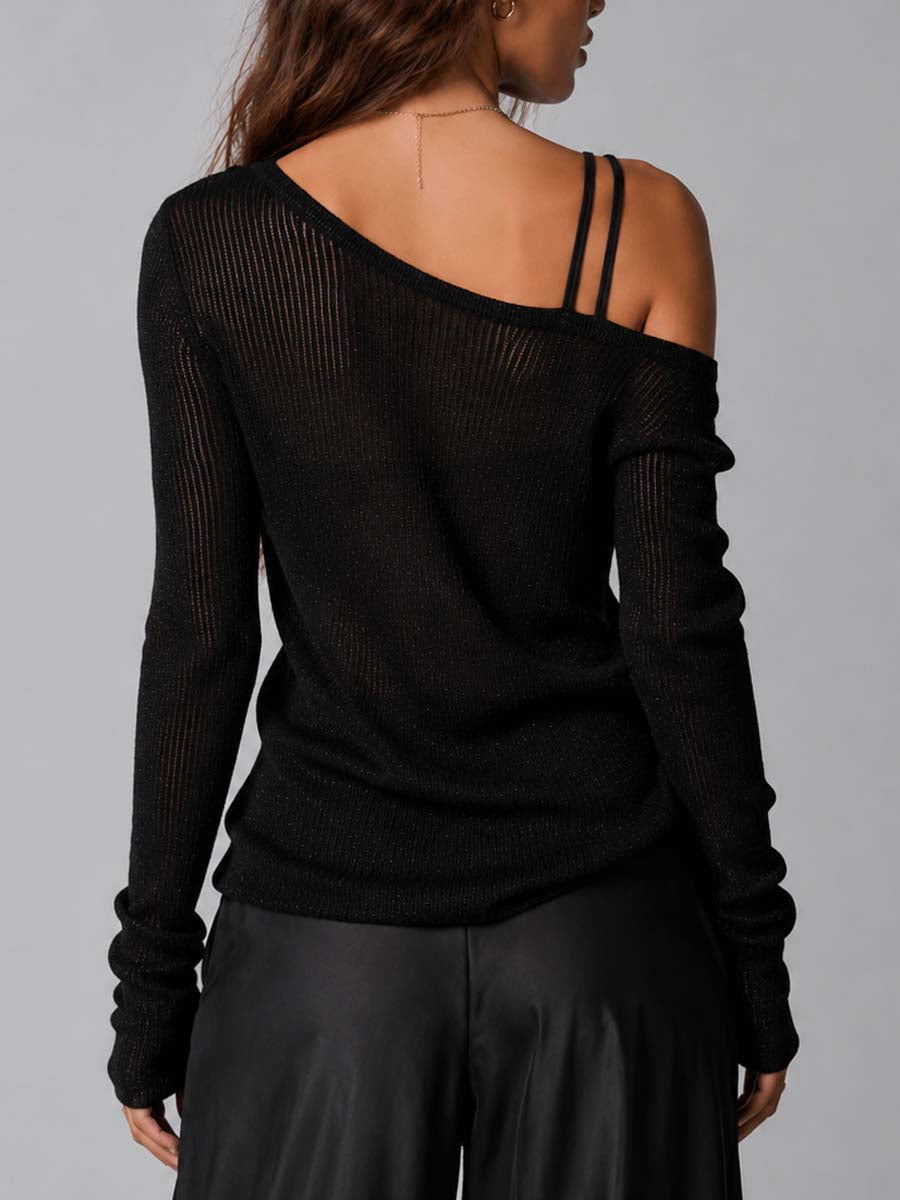 Blusa de Punto Acanalado Negra Transparente con Brillo, Hombros Descubiertos Asimétricos y Doble Tirante Delgado