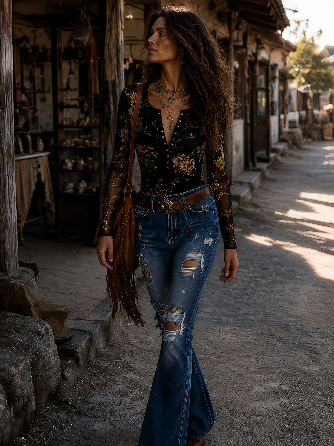 Blusa Boho Retro de Malla Transparente con Estampado Floral y Botones Estilo Henley