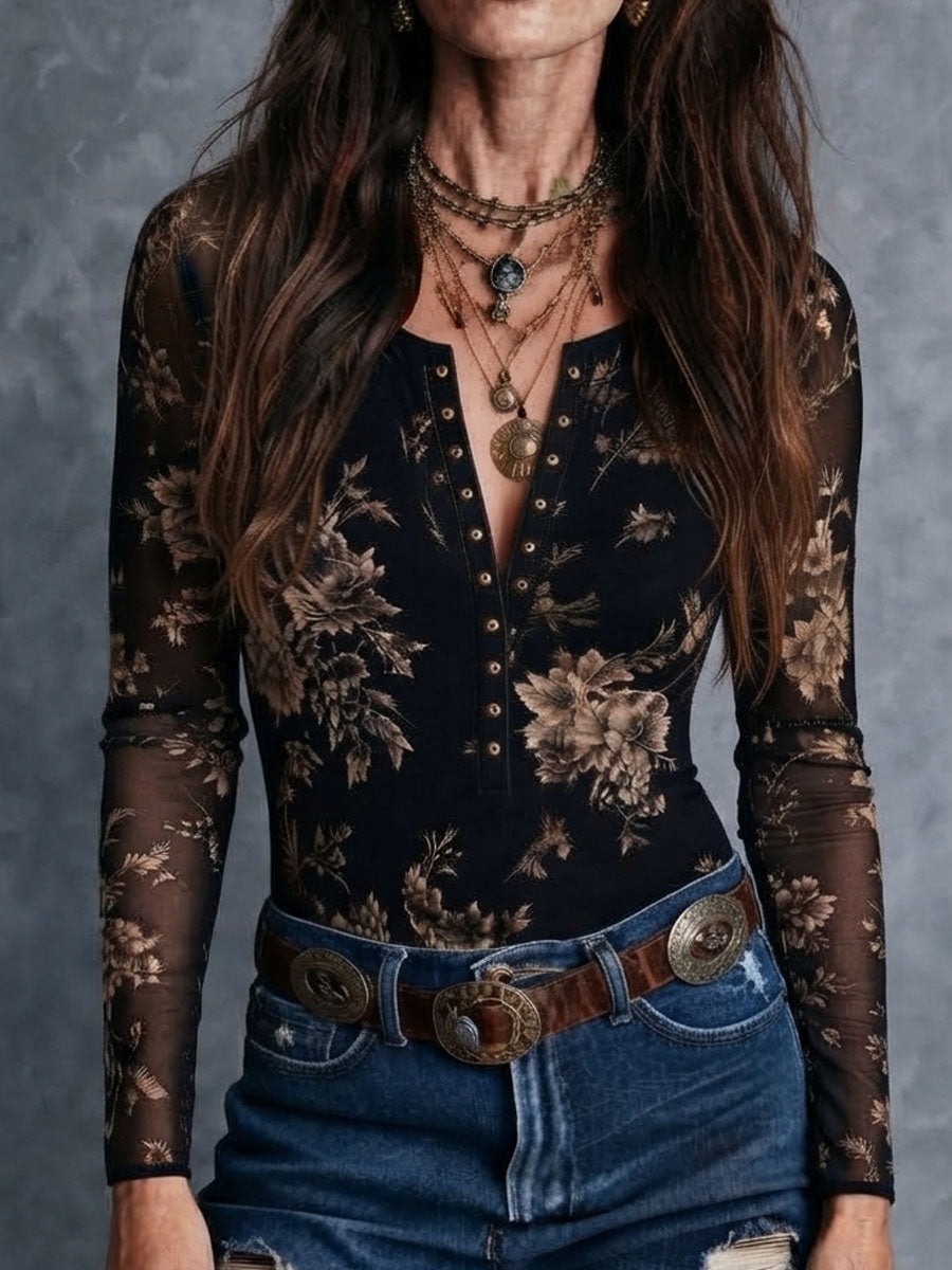 Blusa Boho Retro de Malla Transparente con Estampado Floral y Botones al Frente Estilo Henley