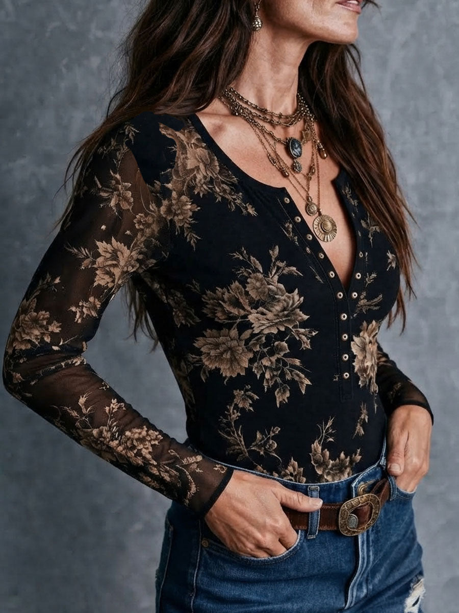 Blusa Boho Retro de Malla Transparente con Estampado Floral y Botones al Frente Estilo Henley