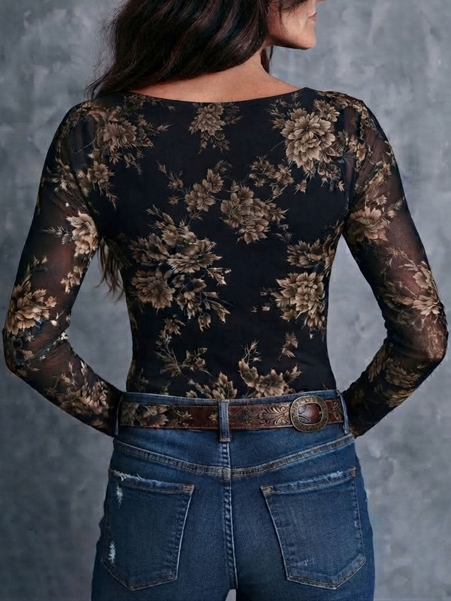 Blusa Boho Retro de Malla Transparente con Estampado Floral y Botones al Frente Estilo Henley