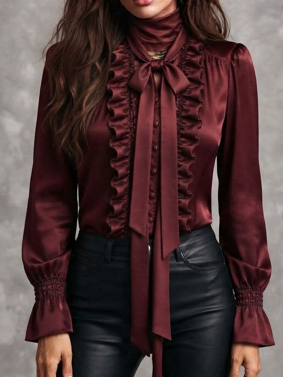 Blusa de Satín para Mujer con Moño al Cuello, Ribete de Olanes y Mangas Obispo
