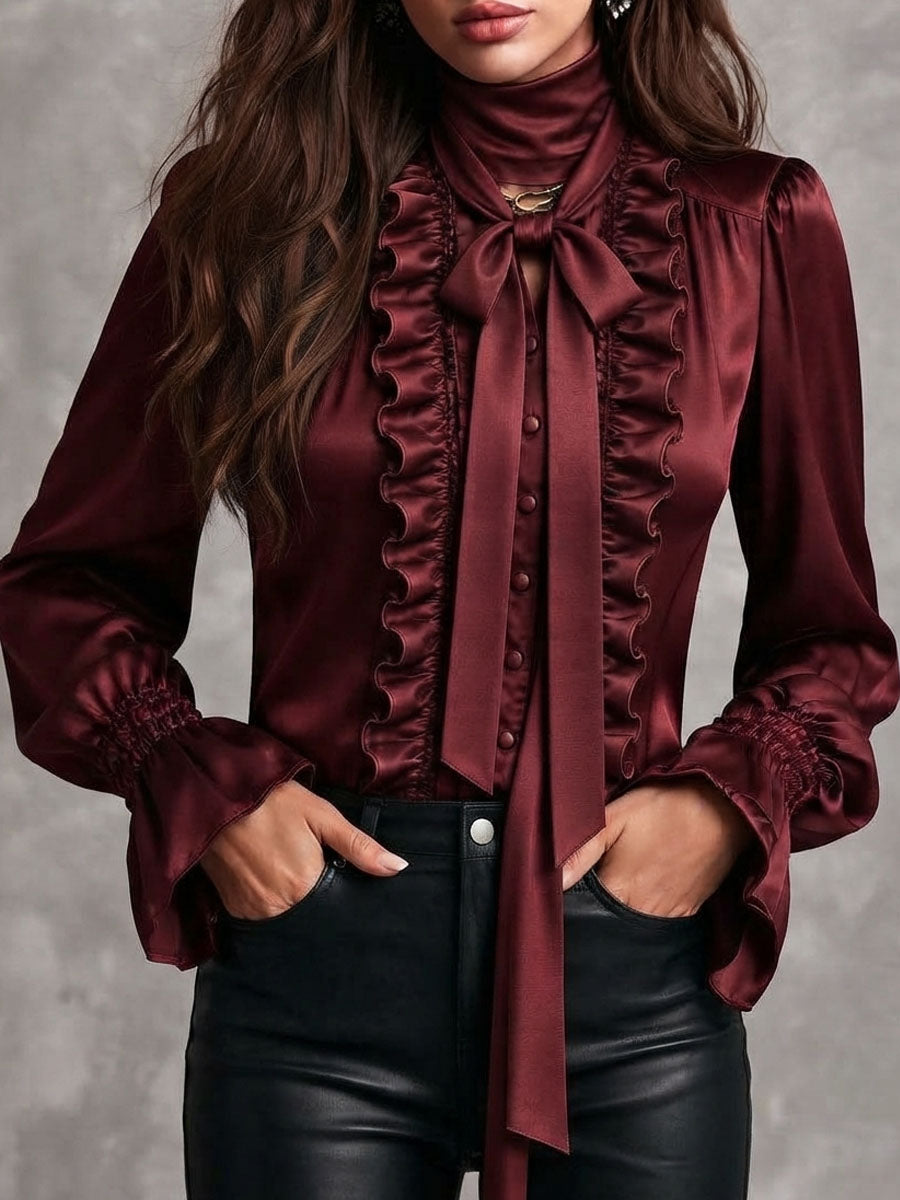 Blusa de Satín para Mujer con Cuello con Moño, Olanes y Mangas Obispo