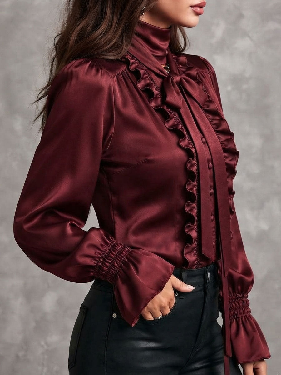 Blusa de Satín para Mujer con Moño al Cuello, Ribete de Olanes y Mangas Obispo
