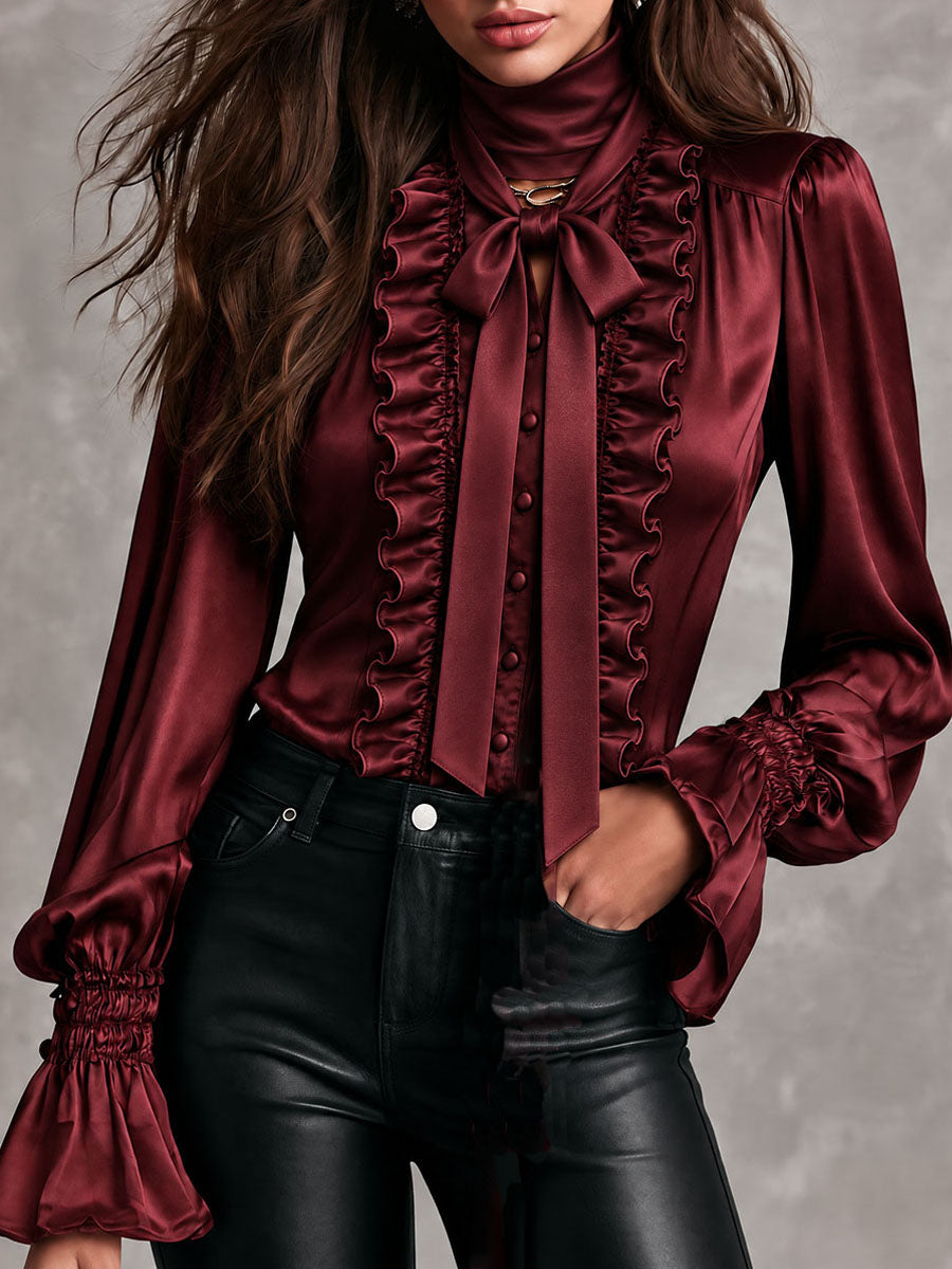 Blusa de Satín para Mujer con Cuello con Moño, Olanes y Mangas Obispo